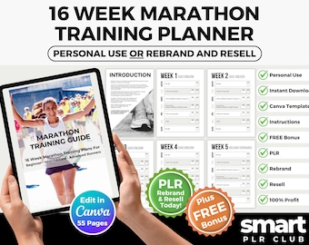 Guía de entrenamiento para maratón, plan de carrera de 16 semanas, de principiante a avanzado, editable en Canva, descarga digital, derechos de reventa