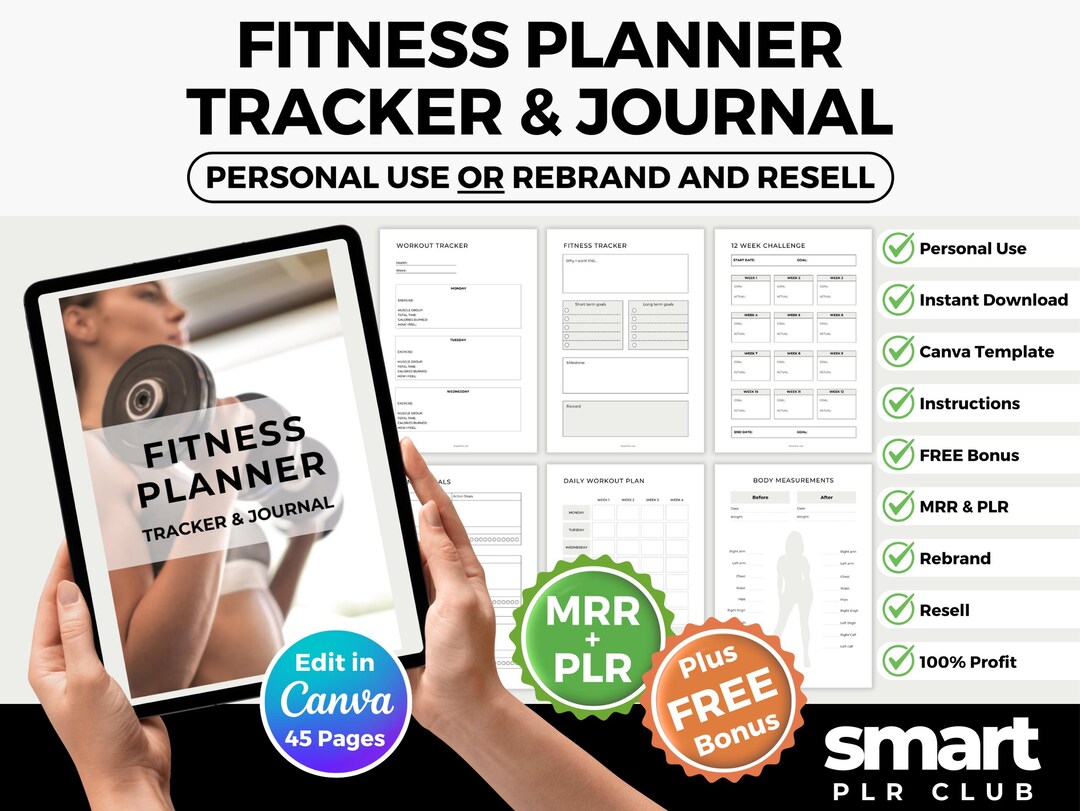 Fitness Planner With PLR, Fitness Journal Editable Canva Template