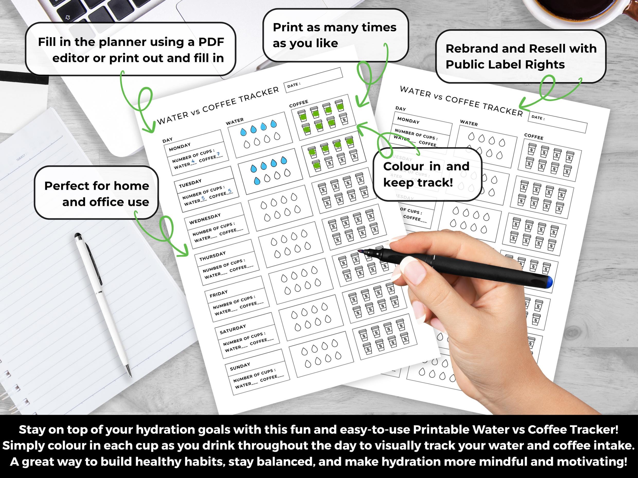 Printable Water Vs Coffee Tracker PLR | Hydration & Caffeine Log ...