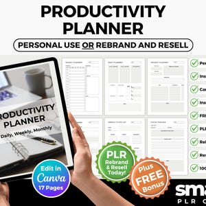 Productivity Planner, 17-Page Daily, Weekly & Monthly Planner, Editable Canva Template, PLR, Rebrand and Resell