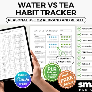 May include: A digital habit tracker for water and tea consumption, displayed on a tablet and a printed page. The design includes sections for daily tracking, with the text "Water vs Tea Habit Tracker" and options for personal use or resale.