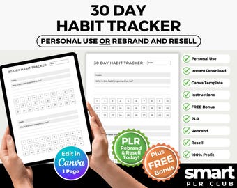 30 Tage Habit Tracker Canva Vorlage | Druckbare Habit Tracker PLR | Digitaler Download weiterverkaufen