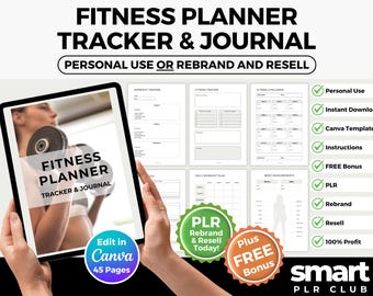 Planner di fitness con PLR, modello di diario di fitness modificabile Canva, rivendi come tuo, tracker e diario per la rivendita
