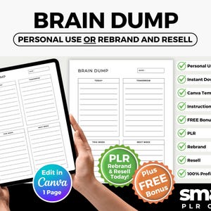 Puede incluir: Una plantilla de planificador digital con las palabras "BRAIN DUMP" en la parte superior. La plantilla se muestra en una tableta y una página impresa. La imagen incluye el texto "PERSONAL USE OR REBRAND AND RESELL", "Edit in Canva" y "Plus FREE Bonus".