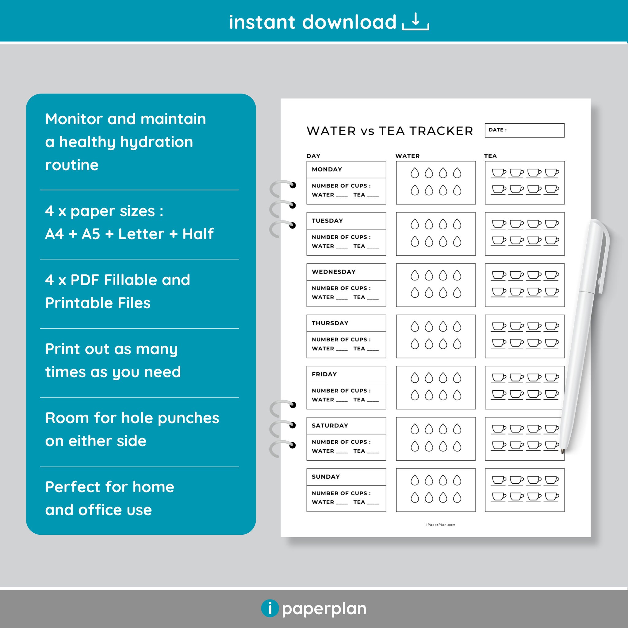 Weekly Water Hydration Tracker Printable &amp; Fillable, Water Vs Tea ...