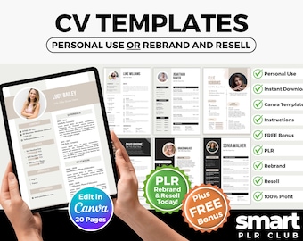 CV Templates with PLR, Resume Editable Canva Template, Resell as Your Own, Resume with Photo Template