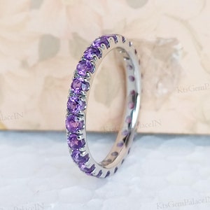 Natural Round Amethyst Full Eternity Band, Stackable Band, Amethyst Weddind-Engagement Band, Birthstone Ring, Anniversary Ring, Gift for her