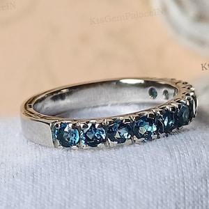 Natural London Blue Topaz, Half Eternity Stackable Band, 14kt Gold Band Ring, Engagement Wedding Band, Birthstone Band, Anniversary Ring