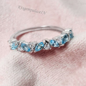 Swiss Blue Topaz Marquise Cut Wedding Band, Silver / Gold Ring, Moissanite With Blue Topaz, Stackable Band, Half Eternity Engagement Ring