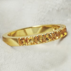 Natural Citrine Half Eternity Wedding Band, Citrine Band, Gold plated Silver Ring, Engagement Band, Birthstone Ring, Anniversary Ring