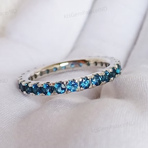 Natural London Blue Topaz Engagement Wedding Band, 14kt Gold Band Ring, Full Eternity Stackable Band, Birthstone Band, Anniversary Ring