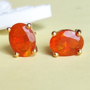 Mexican Fire Opal Oval Shape Stud Earrings, Sterling Silver, Fire Opal Stud, Wedding Gift, Birthday gift, Anniversary gift, Christmas Gift