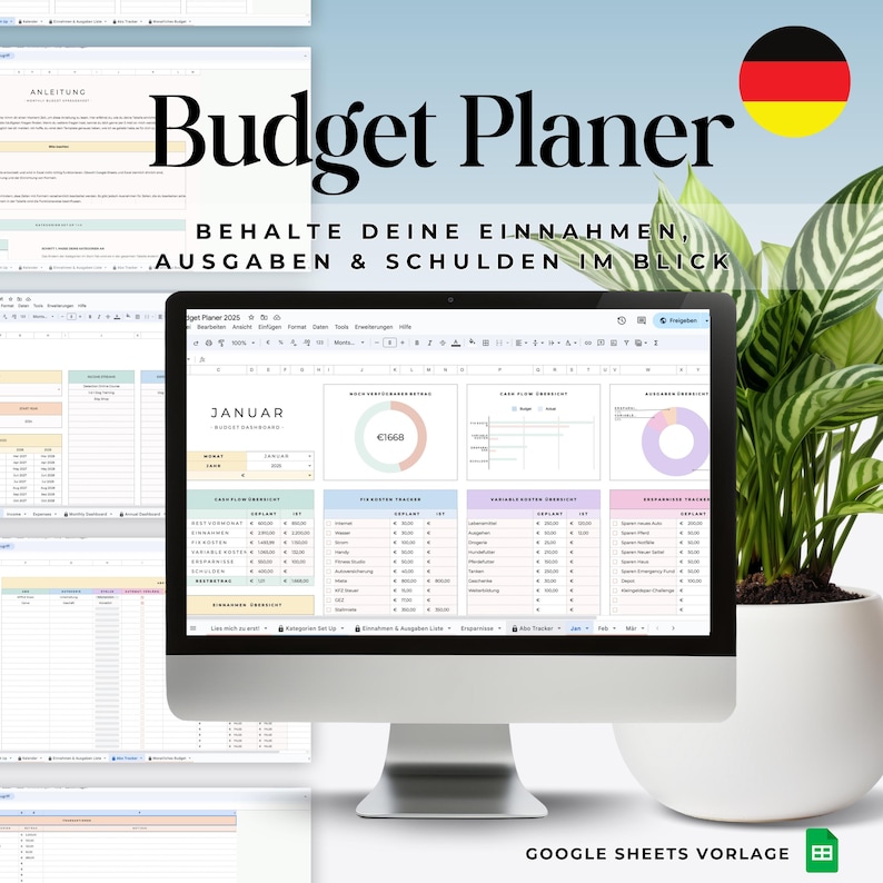 Haushaltsbuch digital  DEUTSCH | Monatlicher Budget Planer | Finanz Tracker | Budgetplaner Vorlage | Umschlagmethode Vorlage | GOOGLE SHEETS

Mit dieser Budgettabelle hast du deine Finanzen immer im Blick.
Dank der Gegenüberstellung von Budget und tatsächlichen Ausgaben in den Monatsübersichten kannst du deine Finanzen ganz leicht organisieren. So fällt es dir einfacher, langfristig Vermögen aufzubauen.