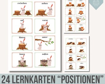 May include: 24 printable learning cards for preschool teachers. The cards feature illustrations of a bunny and a hedgehog in different positions relative to a tree stump. The German words "zwischen", "neben", "auf", "vorne", "hinten", "unter", "innen", and "außen" are printed on the cards.