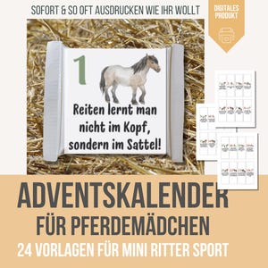 Può includere: Un prodotto digitale con un involucro di barretta di cioccolato bianco con un'illustrazione di un cavallo e il numero 1. L'involucro ha testo in tedesco. Sono visibili anche fogli aggiuntivi con numeri di calendario a tema cavallo.