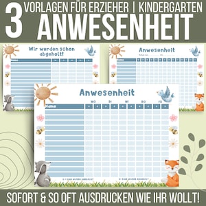 3 Vorlagen Anwesenheit Kindergarten | Anwesenheit Vorlage Kita | Anwesenheit Krippe zum Ausdrucken |  Erzieherplaner Vorlagen für Erzieher