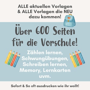 Może przedstawiać: Jasnoniebieska grafika z niemieckim tekstem, w tym "Über 600 Seiten für die Vorschule!" i listą aktywności edukacyjnych. Obraz zawiera również ilustrację niebieskiego plecaka i kolorowe ołówki.