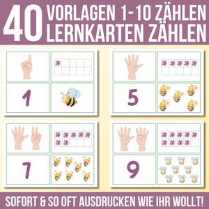 Op de afbeelding: Educatieve flashcards met de nummers 1, 5, 7 en 9, met handillustraties, bloemengraphics en cartoonbijen. De kaarten zijn ontworpen om te tellen en hebben de tekst "40 VORLAGEN 1-10 ZÄHLEN LERNKARTEN ZÄHLEN" en "SOFORT & SO OFT AUSDRUCKEN WIE IHR WOLLT!"