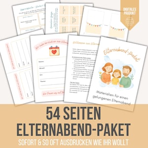 Può includere: Una raccolta di documenti stampabili per una serata genitori-insegnanti, in tedesco. I documenti includono moduli, liste di controllo e una lettera di benvenuto. Il titolo "Elternabend-Paket" è visualizzato in modo prominente, insieme al testo "54 SEITEN".