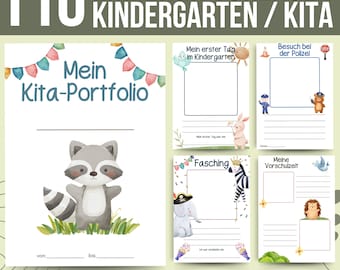 May include: A set of 10 printable kindergarten portfolio pages featuring colorful illustrations of animals and activities. The pages include titles like "My First Day of Kindergarten", "My Preschool Time", and "Visit to the Police Station".