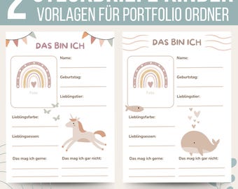 May include: Two printable "Das Bin Ich" (This is Me) portfolio pages for kids. Each page features a rainbow, a space for a photo, and prompts for personal information like name, birthday, favorite animal, favorite color, favorite food, and things they like and dislike. One page features a unicorn, the other a whale.