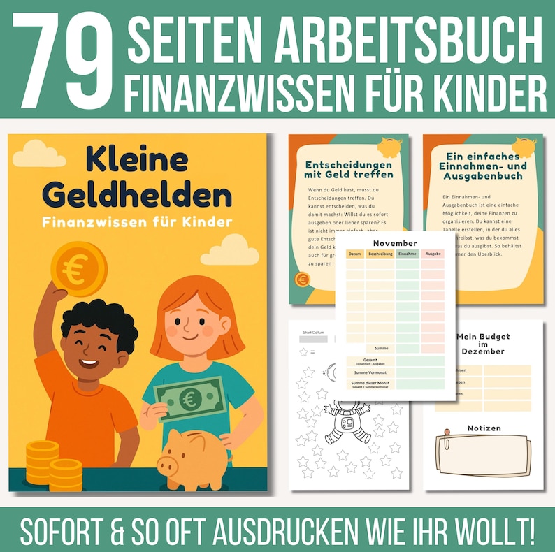 Finanz-Workbook für Kinder | Geld verstehen lernen | Budgetplaner Grundschule | Spar-Challenges Kinder | Einnahmen & Ausgaben Tracker | PDF