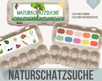 May include: A printable nature scavenger hunt game for kids. The game uses an egg carton as a game board and includes two sets of cards: one with colors and one with nature items. The game is titled "Natureschatzsuche im Eierkarton".