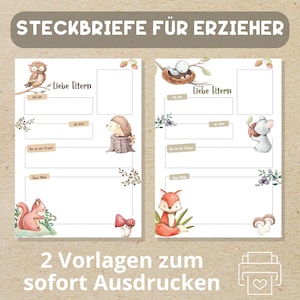 Könnte beinhalten: Zwei druckbare Vorlagen für Steckbriefe für Erzieher. Jede Karte zeigt eine Waldtierillustration und Platz für Text. Der Text auf den Karten lautet "Liebe Eltern".