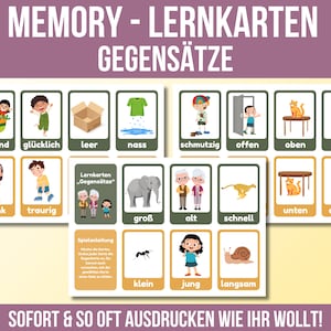Puede incluir: Juego de tarjetas con texto en alemán, incluyendo "MEMORY - LERNKARTEN GEGENSÄTZE" en la parte superior. Las tarjetas presentan ilustraciones de opuestos, como "feliz" y "triste", "grande" y "pequeño", y "viejo" y "joven". La parte inferior de la imagen dice "SOFORT & SO OFT AUSDRUCKEN WIE IHR WOLLT!"