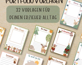 May include: A collection of colorful portfolio templates with various themes, including Easter, Christmas, and birthdays. The templates feature illustrations of animals, trees, and other decorative elements. Text on the templates includes "Portfolio Vorlagen" and "32 Vorlagen für deinen Erzieher Alltag."