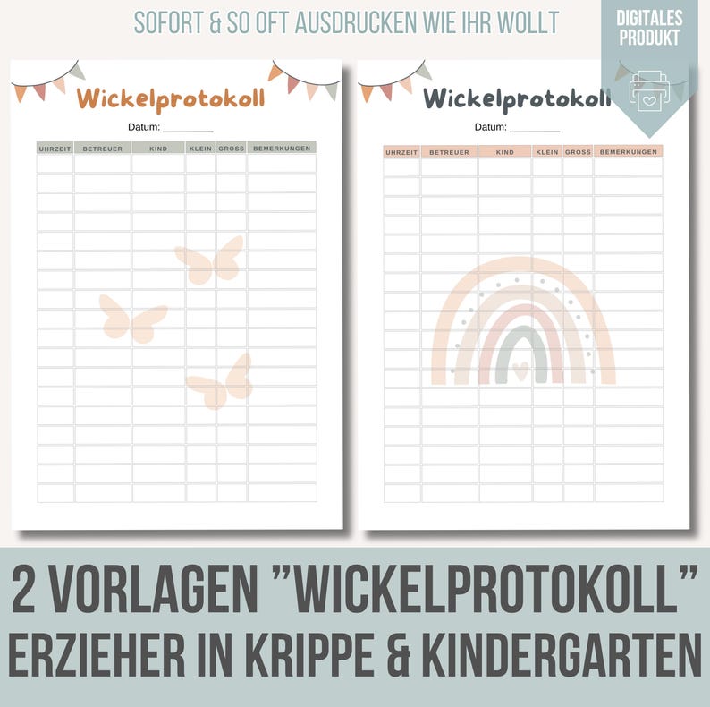 2 Wickelprotokoll Vorlagen für Krippe Wickeltagebuch für Tagesmutter