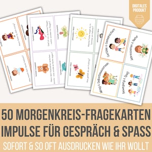 以下が含まれることがあります： 「50 MORGENKREIS-FRAGEKARTEN」と「IMPULSE FÜR GESPRÄCH & SPASS」を含む、イラストとドイツ語のテキストが書かれたカラフルなカードのセット。インタラクティブな学習とディスカッションのために設計された、画像と質問が特徴です。