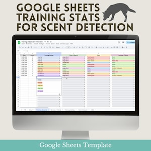 May include: A computer monitor displays a Google Sheets spreadsheet titled "Training Stats for Scent Detection." The spreadsheet is organized with columns for date, training setting, kind of search, odor, and success/failure. The image also includes the text "Google Sheets Template."