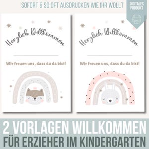 Puede incluir: Dos tarjetas de bienvenida imprimibles para maestros en una clase de jardín de infantes. Cada tarjeta presenta un arcoíris con un animal lindo, un zorro y un conejito, y el texto "Herzlich Willkommen" que significa "Bienvenido" en alemán. El texto "Wir freuen uns, dass du da bist!" que significa "¡Estamos felices de que estés aquí!" también está incluido en cada tarjeta.