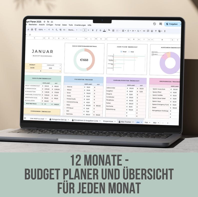 Monatlicher Budget Planer DEUTSCH | Finanz Tracker | Budgetplaner Vorlage | Haushaltsbuch digital | Umschlagmethode Vorlage | GOOGLE SHEETS