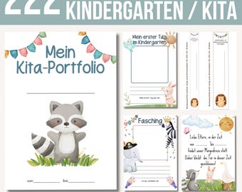 May include: A set of printable kindergarten portfolio pages featuring colorful illustrations of animals, flags, and a sun. The pages include titles like "My First Day in Kindergarten", "Fasching", and "My Kita-Portfolio".