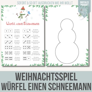 Puede incluir: Un juego navideño digital imprimible en alemán, con un contorno de muñeco de nieve y dados. El juego se titula "Würfel einen Schneemann" e incluye un gráfico de muñeco de nieve con sombrero y pájaro. El texto dice "SOFORT & SO OFT AUSDRUCKEN WIE IHR WOLLT".