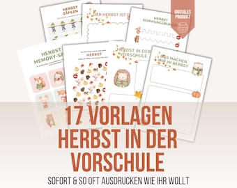 May include: A collection of printable educational worksheets with autumn-themed illustrations. The worksheets feature images of scarecrows, hedgehogs, and pumpkins, with text in German. The title reads "17 Templates Autumn in Preschool."