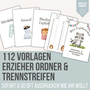 Puede incluir: Un conjunto de materiales educativos imprimibles. La imagen muestra varias hojas blancas con ilustraciones de un elefante, un búho y un mapache. El texto incluye "Schreibübu", "Karneval", "Märchen Geschichte" y "Mein Erzieherordner". La frase "112 Vorlagen Erzieher Ordner & Trennstreifen" también es visible.