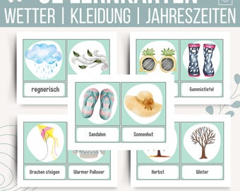 32 flashcards weather, clothing & seasons | Morning circle kindergarten templates | Weather flashcards daycare | Morning circle templates | PDF