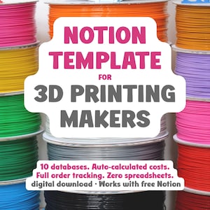 Könnte beinhalten: Eine Ansammlung farbenfroher 3D-Druck-Filamentrollen in verschiedenen Farben, darunter Pink, Gelb, Grün und Blau. Ein weißes und pinkfarbenes Grafik-Overlay zeigt "NOTION TEMPLATE FOR 3D PRINTING MAKERS". Zusätzlicher Text beschreibt Funktionen wie Datenbanken und Auftragsverfolgung.