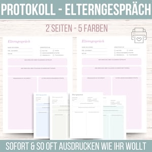 Puede incluir: Una plantilla imprimible para una reunión de padres y profesores. La plantilla está en alemán e incluye secciones para el nombre del niño, la fecha y los temas a tratar. La plantilla está disponible en cinco colores diferentes.