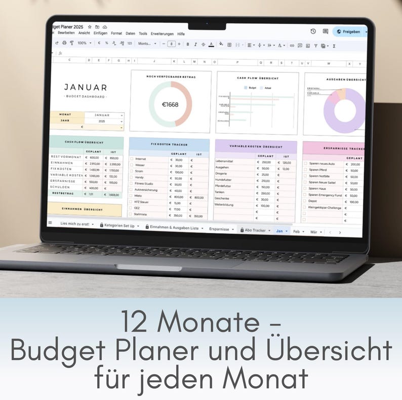 Monatlicher Budget Planer DEUTSCH | Finanz Tracker | Budgetplaner Vorlage | Haushaltsbuch digital | Umschlagmethode Vorlage | GOOGLE SHEETS

Mit dieser Budgettabelle hast du deine Finanzen immer im Blick.
Dank der Gegenüberstellung von Budget und tatsächlichen Ausgaben in den Monatsübersichten kannst du deine Finanzen ganz leicht organisieren. So fällt es dir einfacher, langfristig Vermögen aufzubauen.