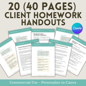 Könnte beinhalten: Eine Sammlung von Hausaufgaben-Handouts für Kunden mit dem Text "20 (40 PAGES) CLIENT HOMEWORK HANDOUTS." Die Handouts sind weiß mit türkisfarbenen Rändern und enthalten Texte über Hundetraining. Das Canva-Logo ist sichtbar. Der untere Teil des Bildes lautet "Commercial Use - Personalize in Canva."