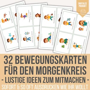 Puede incluir: Tarjetas impresas con ilustraciones de niños imitando movimientos, como nadar como un pez o bailar como un robot. Las tarjetas, con texto en alemán, están diseñadas para la educación y el aprendizaje temprano.