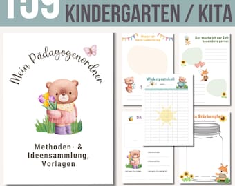May include: A set of 159 printable teacher resources for kindergarten and daycare. The image shows a cover page with a cute cartoon bear holding flowers and the text "Mein Pädagogenordner" (My Teacher's Organizer). The other pages include a birthday chart, a diaper log, and a "Stärkenglas" (Strength Jar) template.