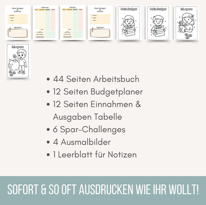Finanz-Workbook für Kinder | Geld verstehen lernen | Budgetplaner Grundschule | Spar-Challenges Kinder | Einnahmen & Ausgaben Tracker | PDF