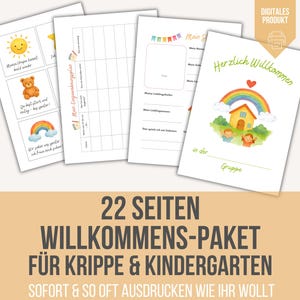May include: A collection of printable pages with a welcome theme. The pages feature illustrations of a sun, a teddy bear, and a rainbow. The text includes "Digital Product" and "22 Seiten Willkommens-Paket für Krippe & Kindergarten."