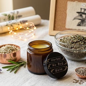 May include: An assortment of herbal products, including a copper measuring cup and spoon filled with dried herbs, a jar of balm, and a glass jar with a metal clasp. The balm jar lid reads "Herbal No Bug Balm."