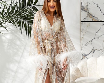 Long wedding robe Burlesque Transparent Shiny Robe for the Bride&#39;s Wedding Morning Luxury Bridal Robe Boudoir Robe